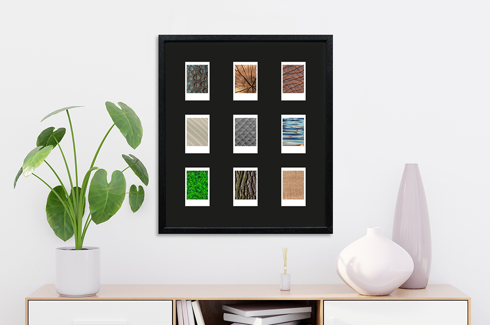 schwarzer Instax Mini Rahmen für neun Bilder helle und moderne Einrichtung mit schwarzem 9-fach Fotorahmen
