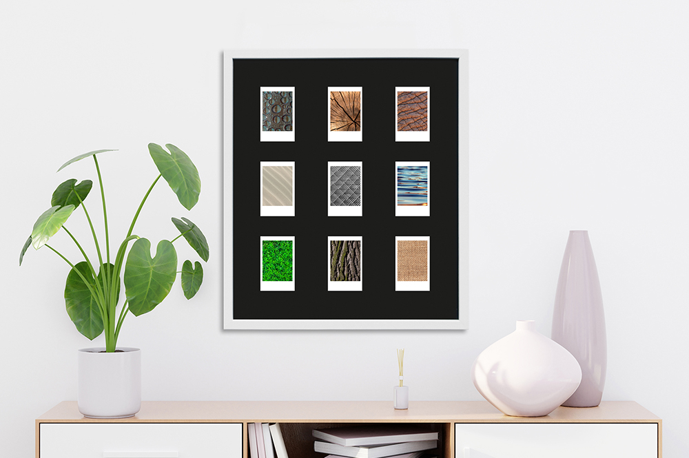 weißer Instax Mini Rahmen für neun Bilder helle und moderne Einrichtung mit weißem 9-fach Fotorahmen