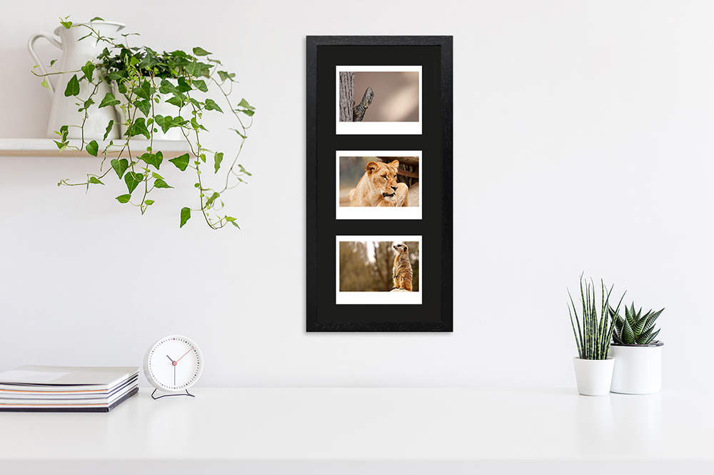 schwarzer Instax Wide Rahmen für drei Bilder moderne Dekoration mit schwarzem Fotorahmen aus Holz