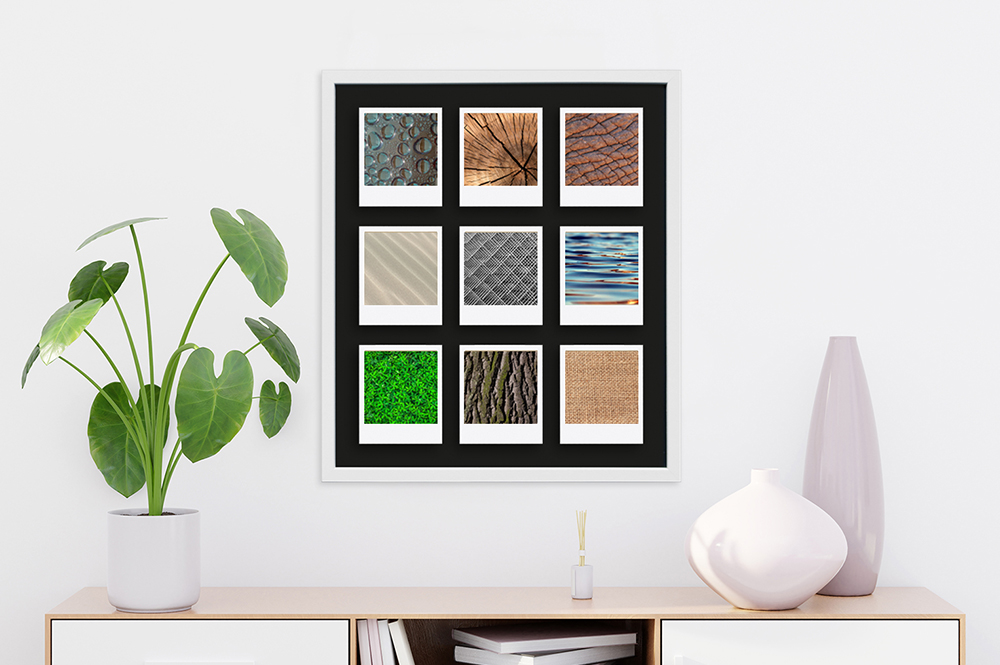 weißer Polaroid Rahmen für neun Bilder modern eingerichteter Arbeitsplatz dekoriert mit weißem 9-fach Fotorahmen