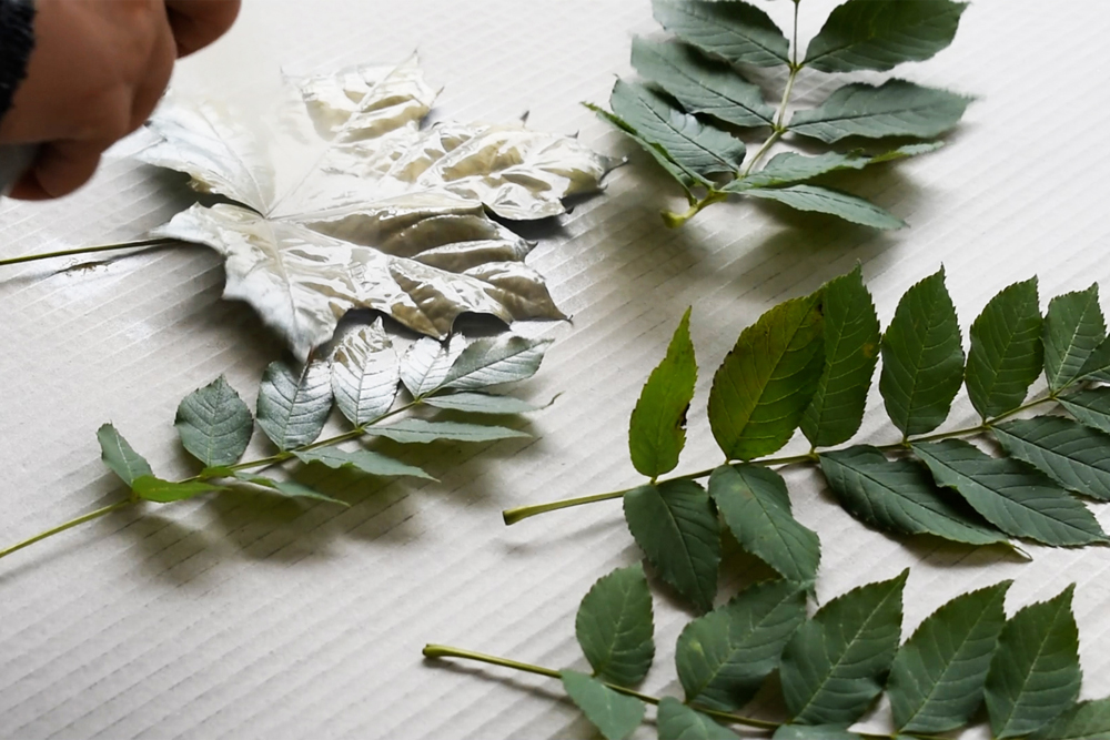 DIY: Blätter farbig gestalten grüne getrocknete Blätter werden mit goldener Farbe besprüht