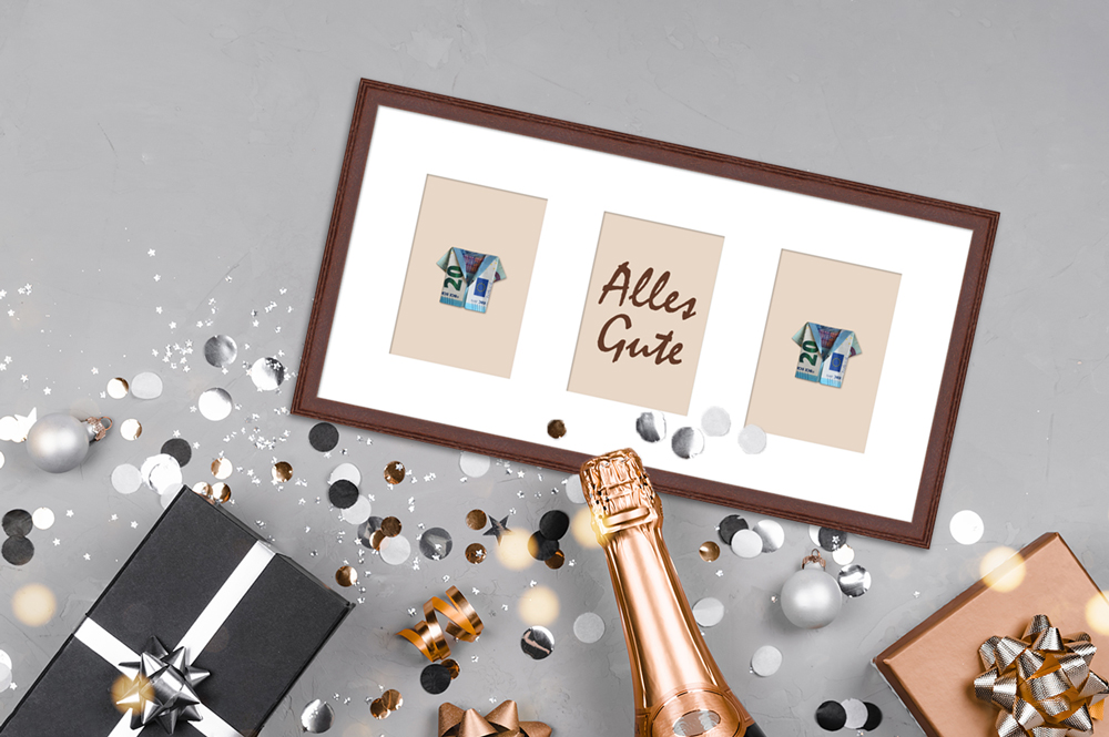 Geschenkidee zum Geburtstag: eingerahmtes Geldgeschenk gefaltetes Geldgeschenk eingerahmt in Galerierahmen
