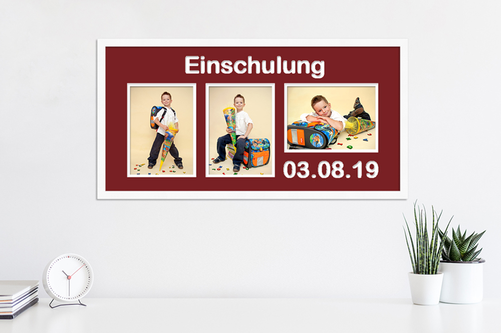 Geschenkidee zur Einschulung: personalisiertes Passepartout Einschulungsfotos in weißem Bilderrahmen mit rotem Passepartout