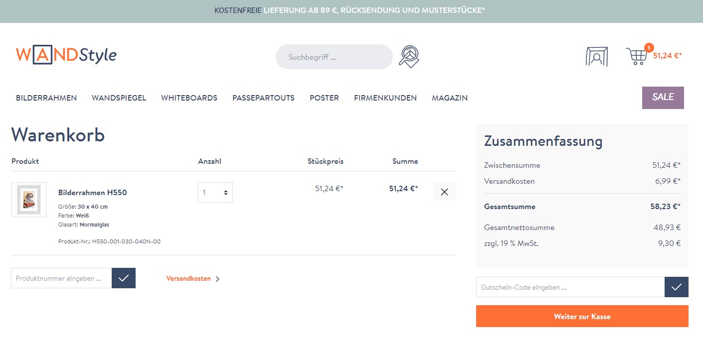 WANDStyle Onlineshop: Warenkorn Ansicht des Warenkorbs bei Onlinebestellung bei WANDStyle