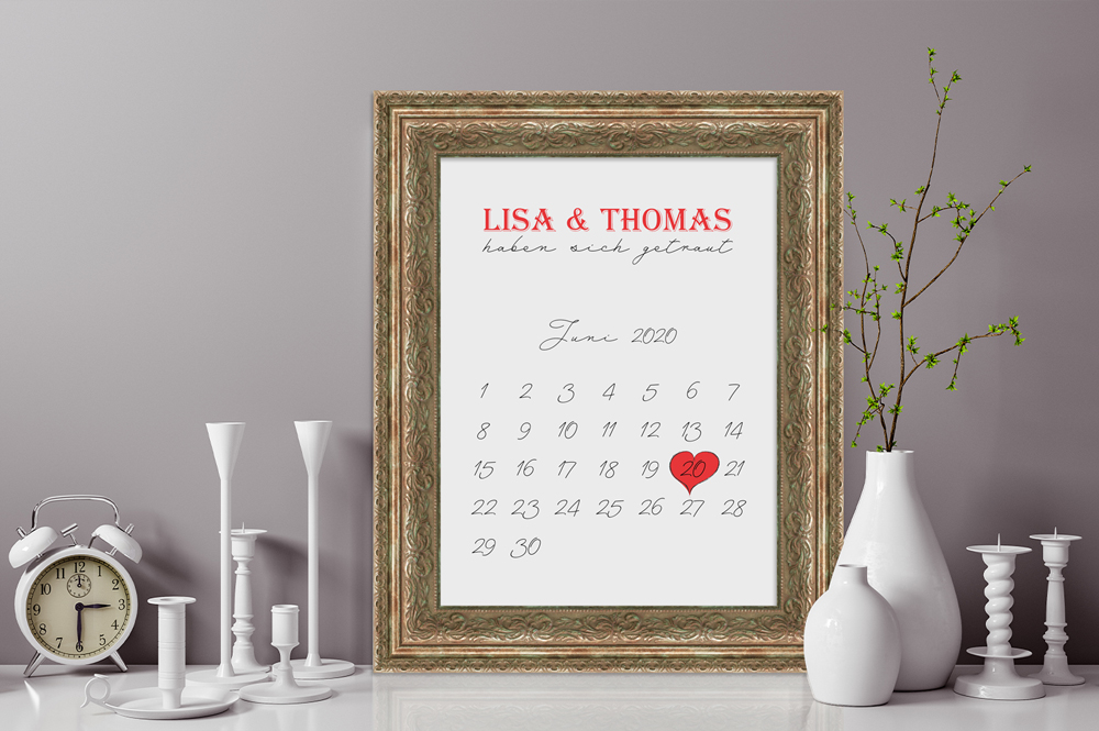Kalender für Hochzeitstag mit Bilderrahmen goldener Bilderrahmen mit Kalender für Ehepaare