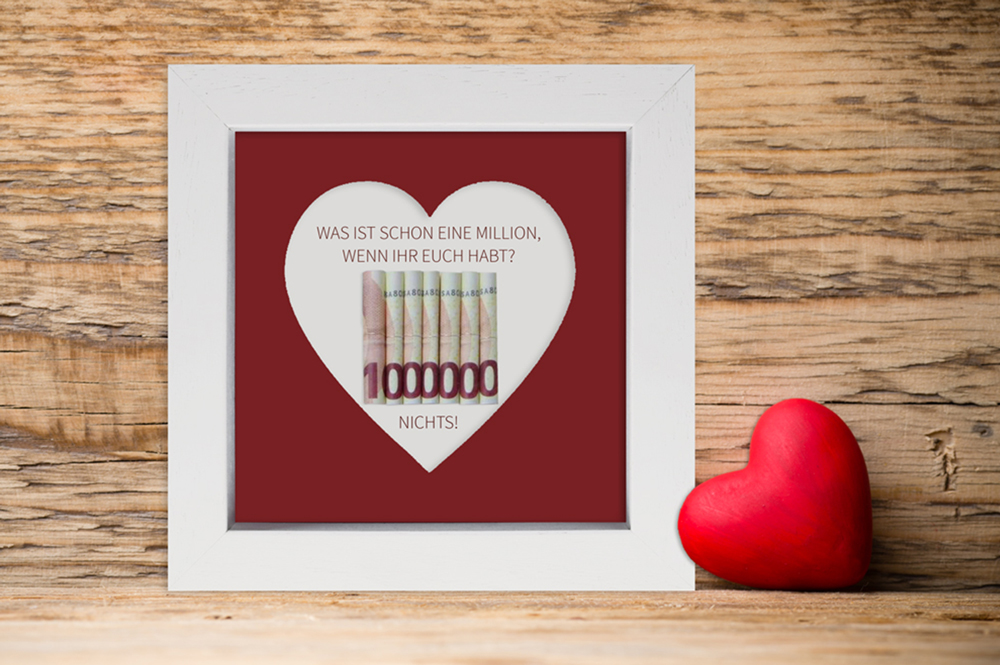 Hochzeitsgeschenk - Geldgeschenk weißer Rahmen mit Herz-Passepartout und Geldgeschenk