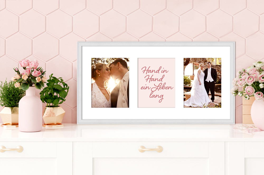 Galerierahmen mit Glückwunsch zur Hochzeit Hochzeitsfotos und Hochzeitsglückwünsche in weißem Galerierahmen