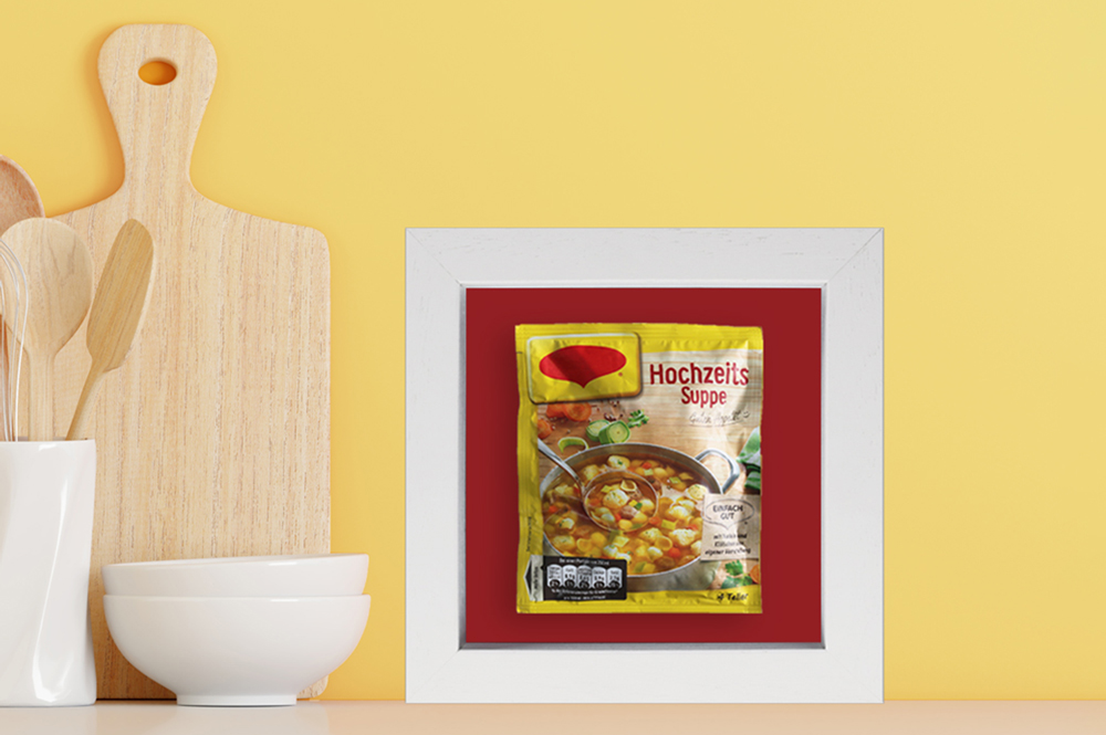 Geschenkidee - Objektrahmen mit Hochzeitssuppe weißer Rahmen mit kreativem Suppen-Geschenk