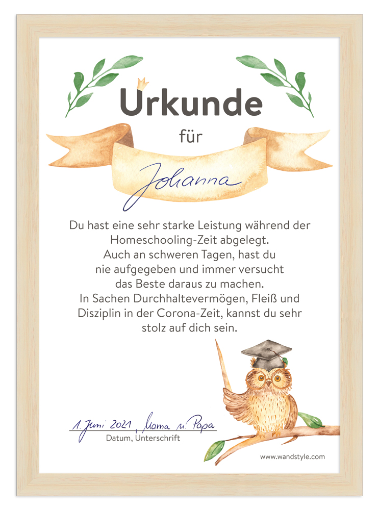 eingerahmte und ausgefüllte Homeschooling-Urkunde Urkunde für Kinder während der Corona-Schulzeit in Bilderrahmen