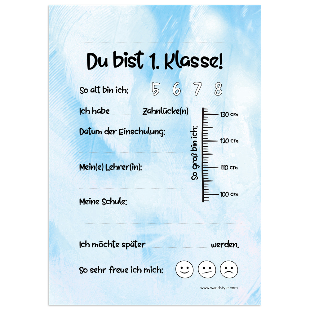 Erinnerung an den ersten Schultag: Steckbrief in Blau blaue Druckvorlage eines Steckbriefs für Erstklässler