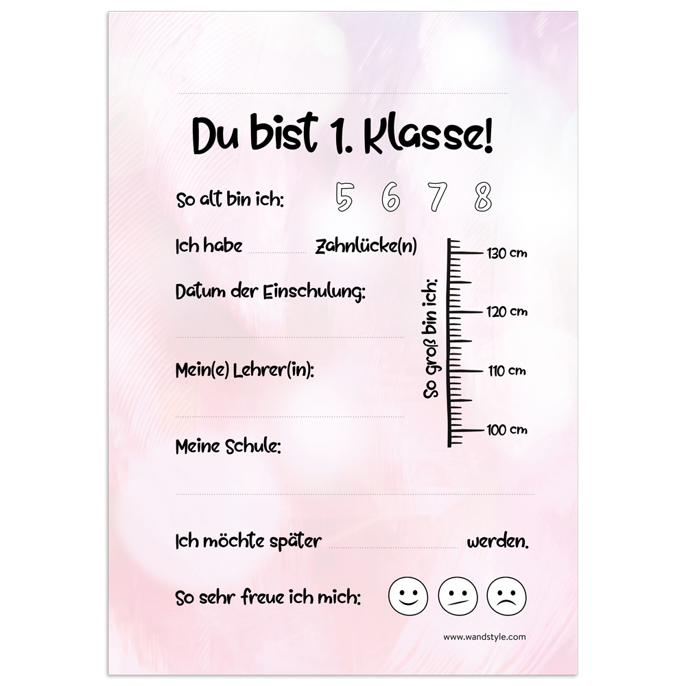 Erinnerung an den ersten Schultag: Steckbrief in Rosa rosafarbene Druckvorlage eines Steckbriefs für Erstklässler