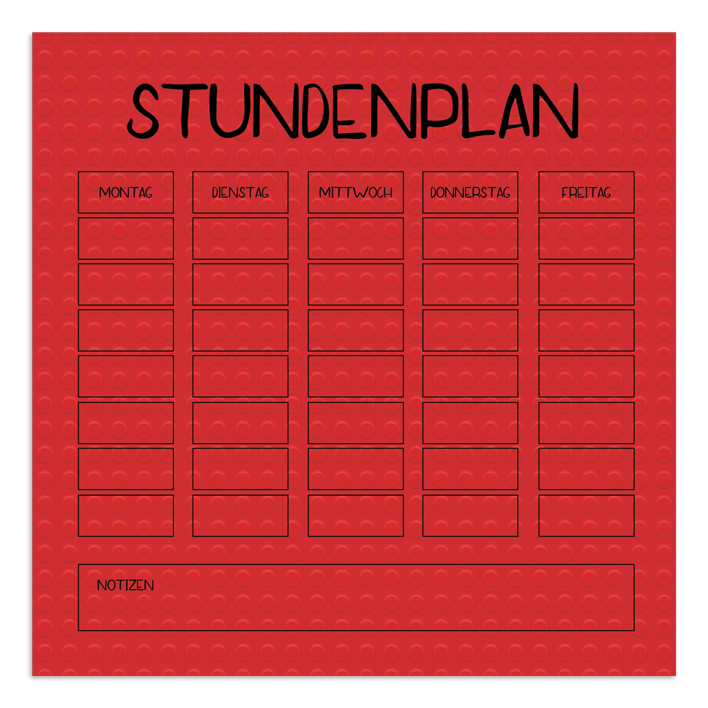 Druckvorlage für LEGO-Stundenplan in Rot roter Stundenplan im LEGO-Stil für Kinder