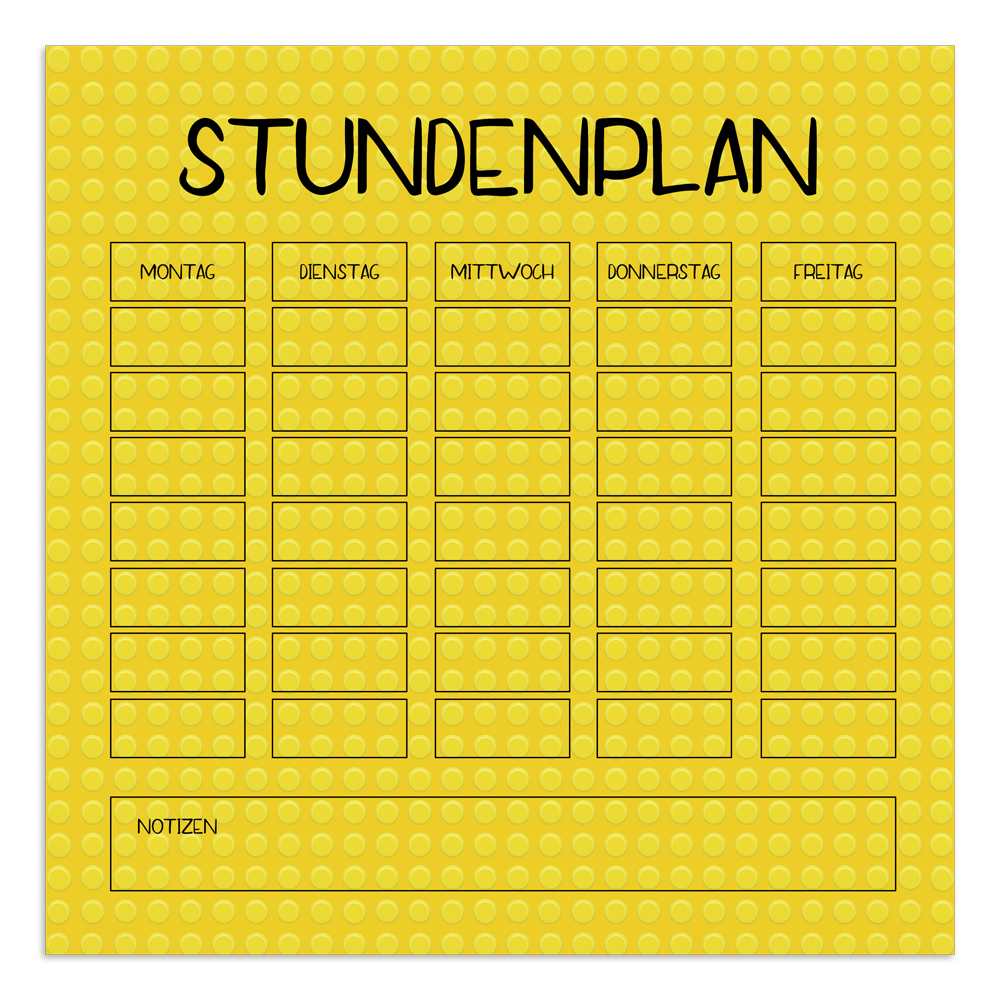 Druckvorlage für LEGO-Stundenplan in Gelb gelber Stundenplan im LEGO-Stil für Kinder