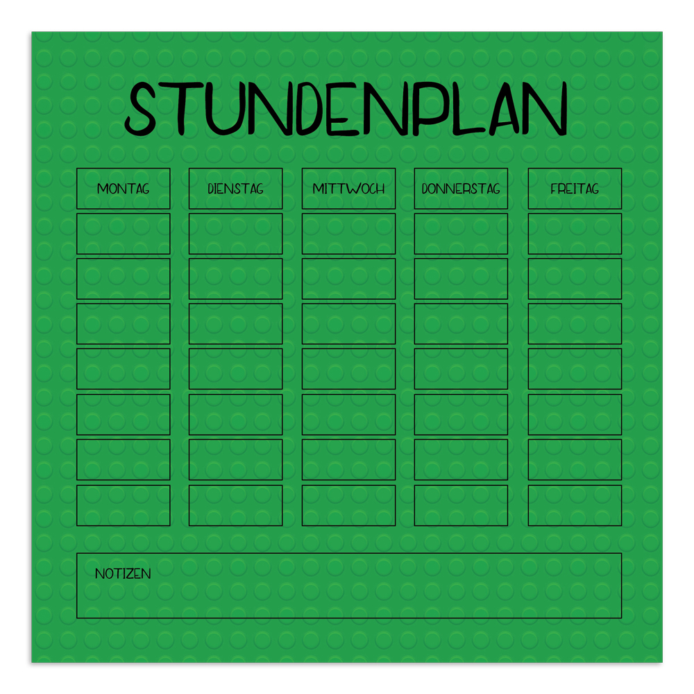 Druckvorlage für LEGO-Stundenplan in Grün grüner Stundenplan im LEGO-Stil für Kinder