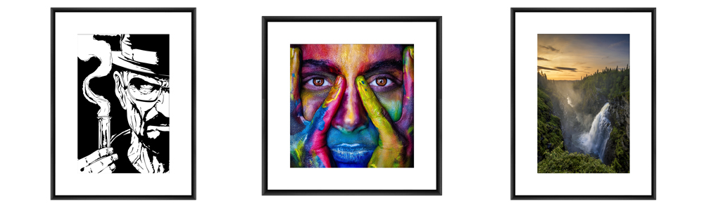 weiße Passepartouts zum Hervorheben von Postern drei Poster gerahmt in schwarzen Bilderrahmen mit Passepartouts