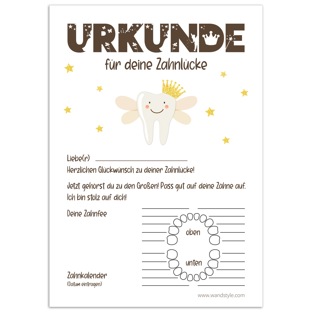 Zahnlücken-Urkunde von der Zahnfee in Braun unausgefüllte Vorlage für Kinderurkunde für Zahnlücken in Braun