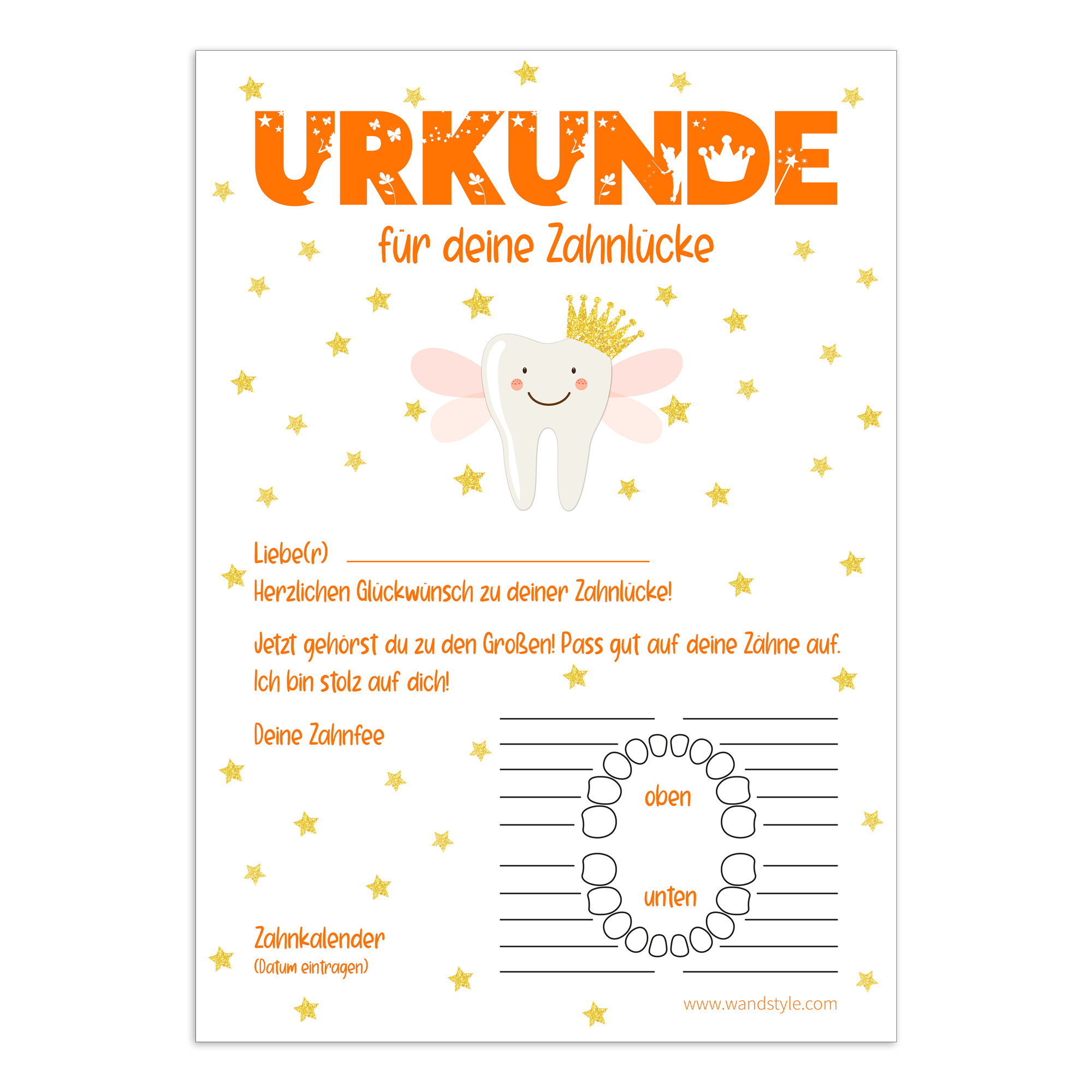 Zahnlücken-Urkunde von der Zahnfee in Rosa unausgefüllte Vorlage für Kinderurkunde für Zahnlücken in Rosa