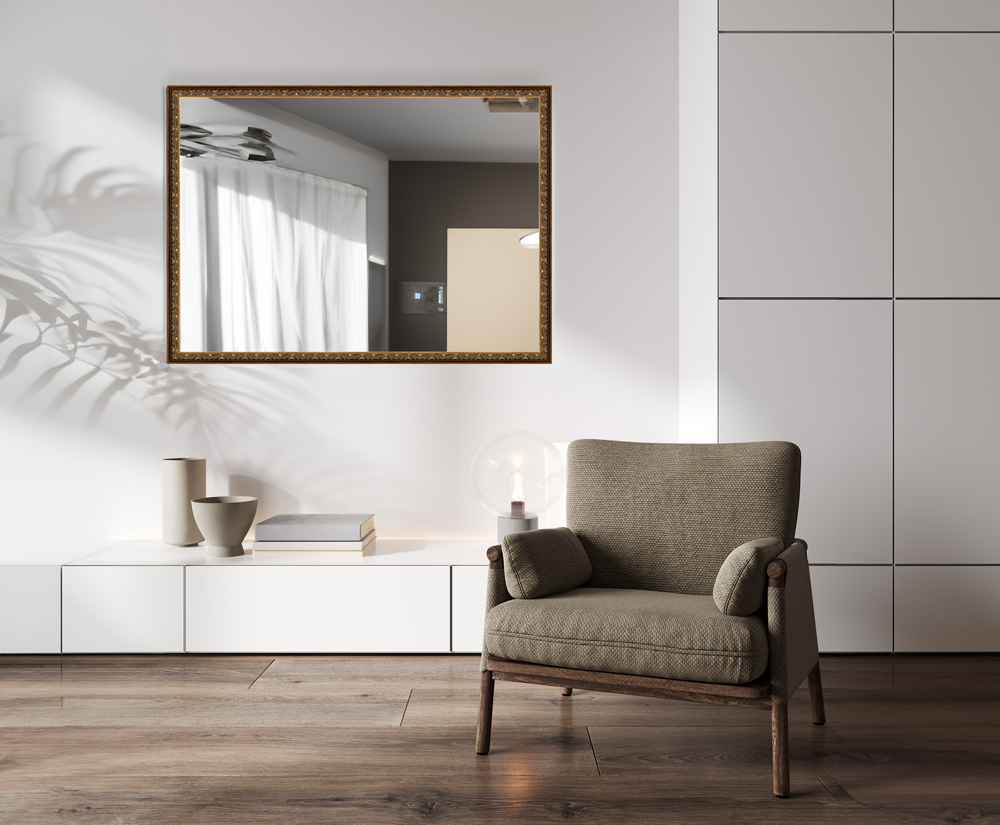 Wandspiegel im Wohnzimmer Großer Wandspiegel mit Holzrahmen im Wohnzimmer