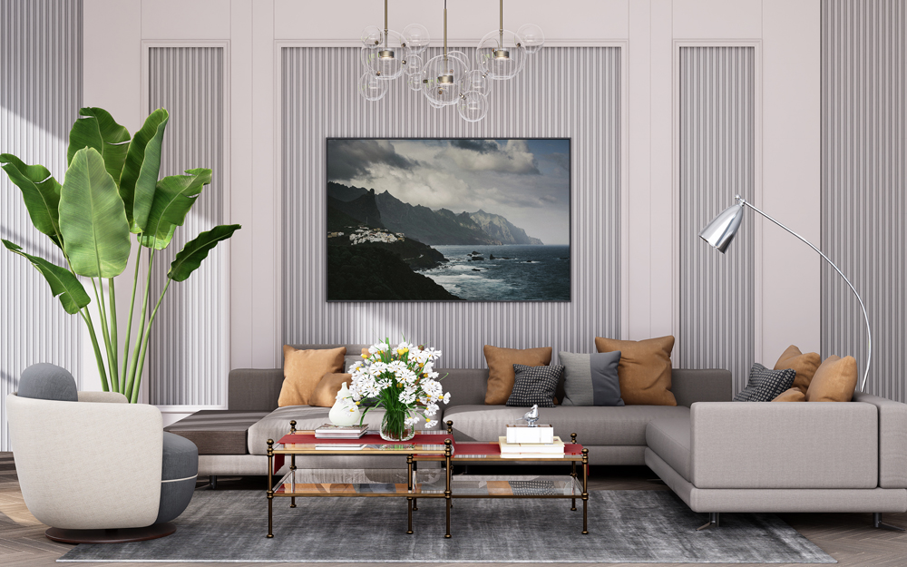 Wohnzimmer Dekoration Graue Wohnzimmer Couch unter einem Bilderrahmen