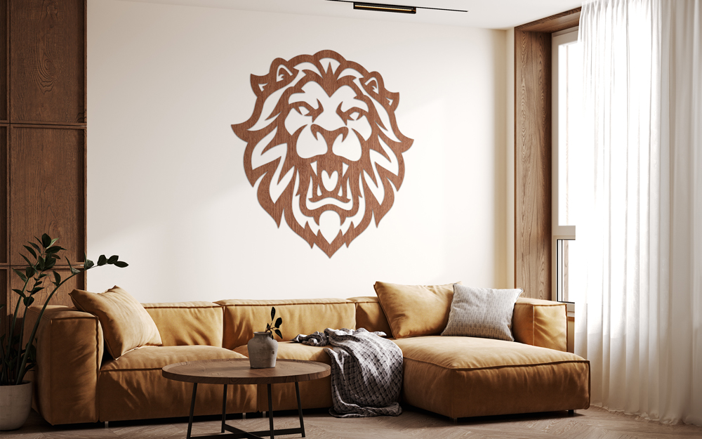 Wanddeko aus Holz Löwen Wanddeko im Wohnzimmer in Holzoptik