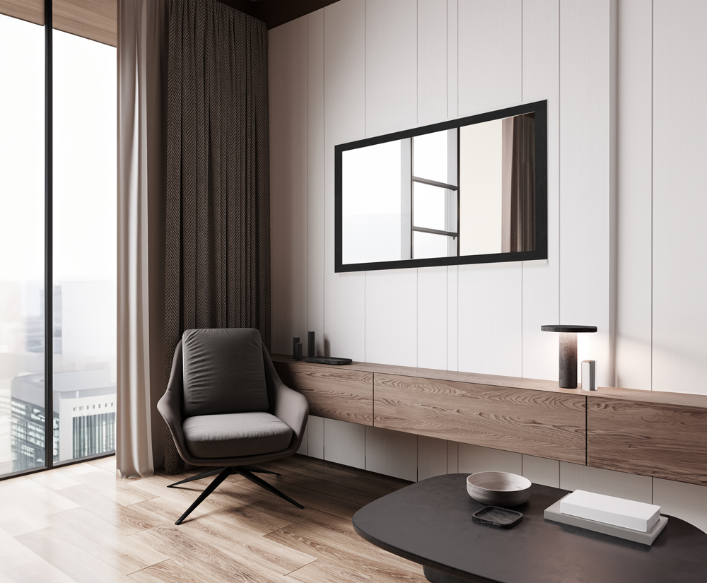 Wohnzimmer-Apartment Ein modernes Wohnzimmer Apartment mein einem schwarzen Spiegel