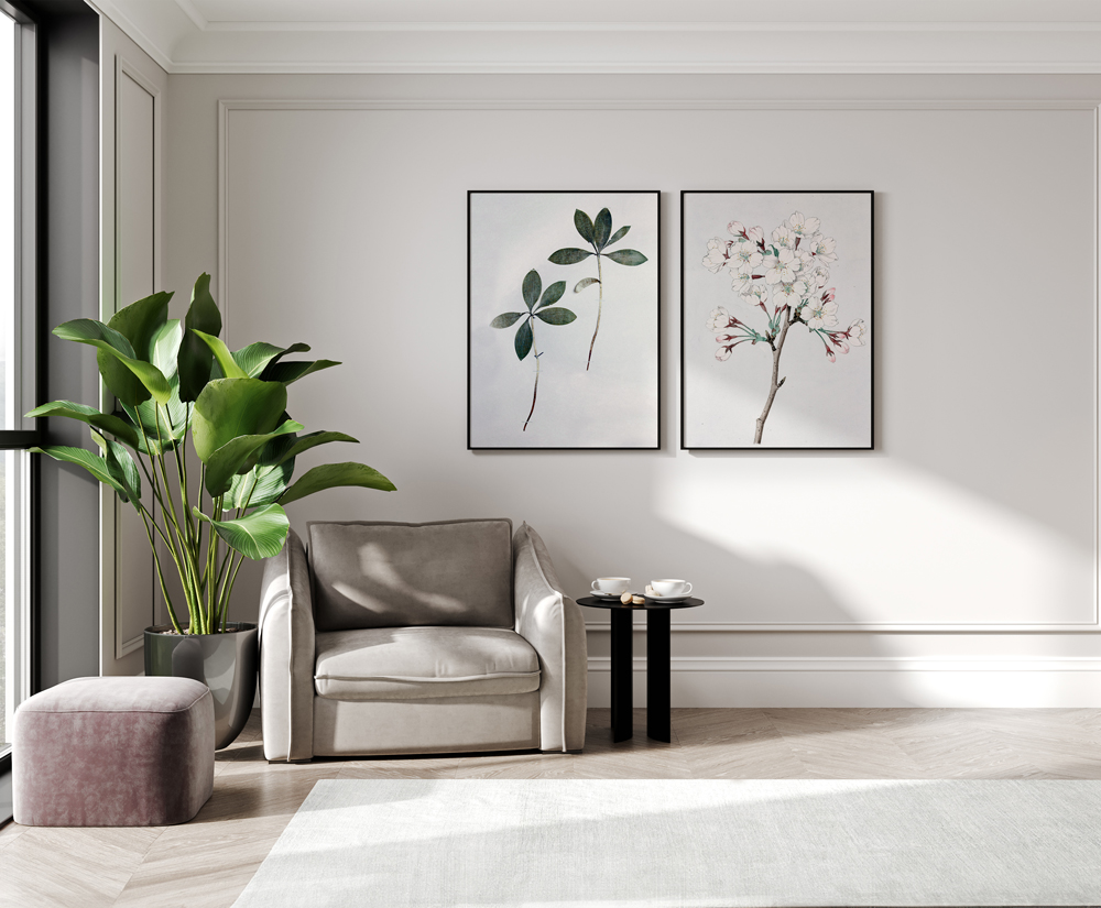 Wohnzimmer mit Pflanzen Wohnzimmer mit Teppich, Bilderrahmen, Sessel und Pflanzen
