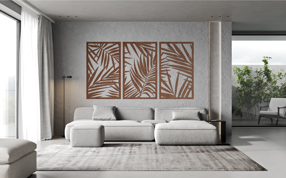 Großes Wohnzimmer mit grauer Couch Wohnzimmer mit einer Wanddekoration in Holzoptik