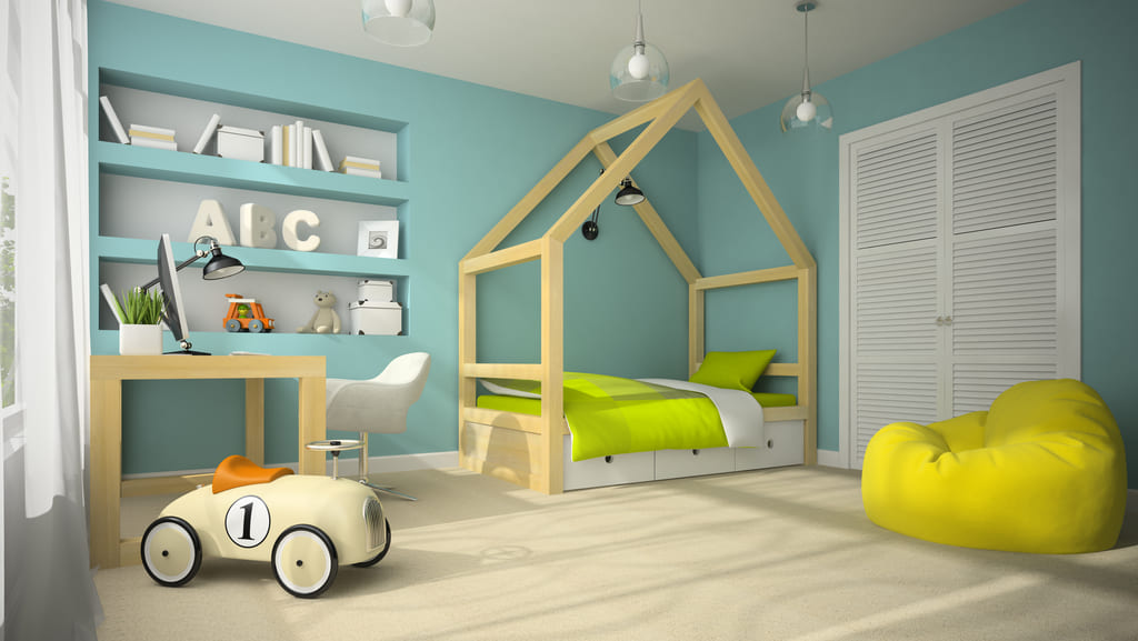 in Blau gestrichenes Kinderzimmer mit Spielzeugen und modernen Möbeln