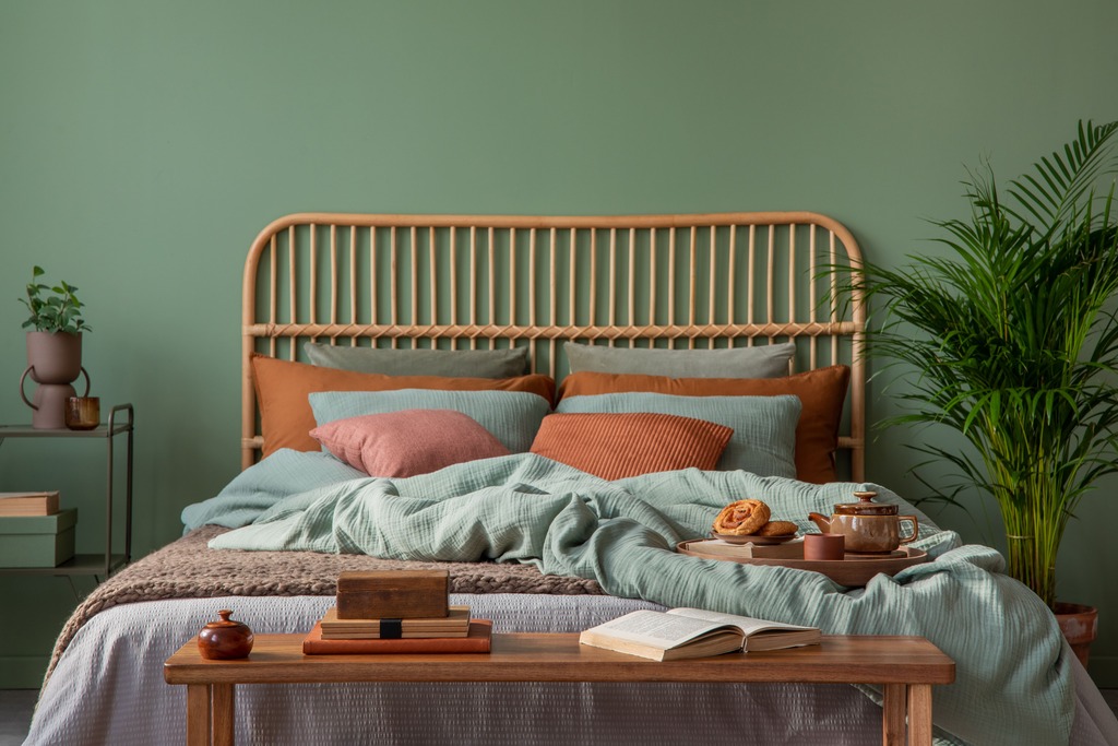 grünes Schlafzimmer mit modernen Holzelementen Schlafzimmer mit eleganten Dekorationen und grünen Wänden