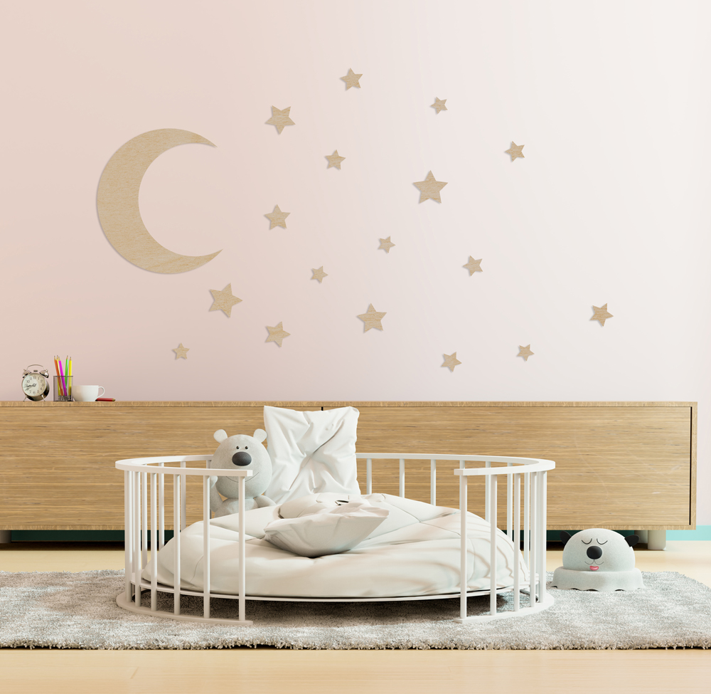 Wanddekoration aus Holz für Kinderzimmer Mond und Sterne Holzdeko