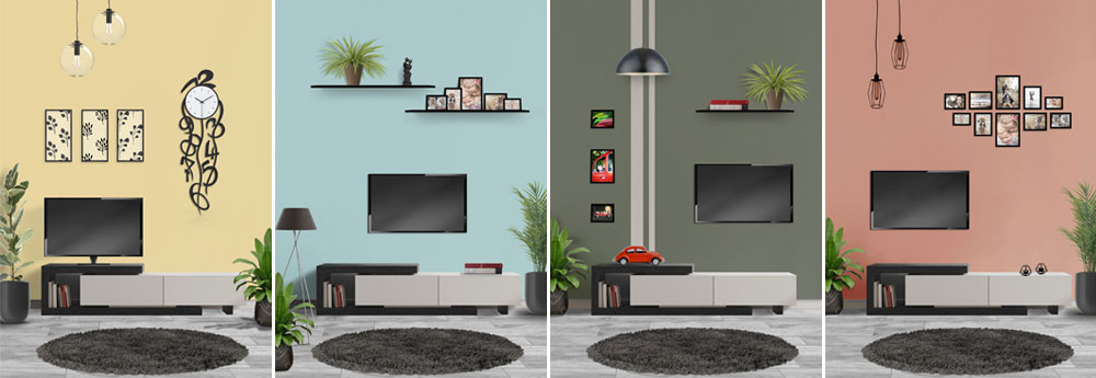 Vergleichsansicht eines Wohnzimmers in vier verschiedenen Wandfarben
