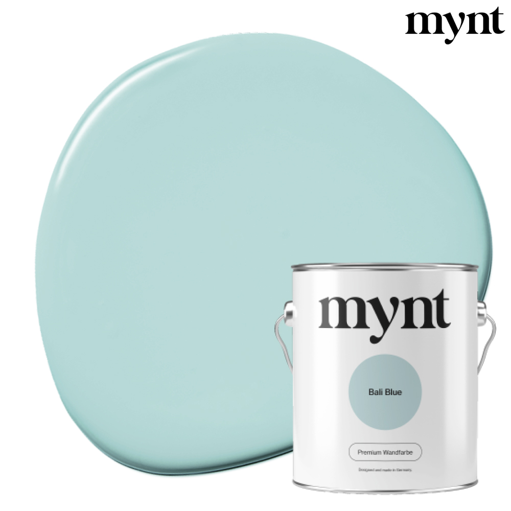Farbtropfen - Wandfarbe Bali Blue Farbklecks mit Eimer der Farbe  Bali Blue