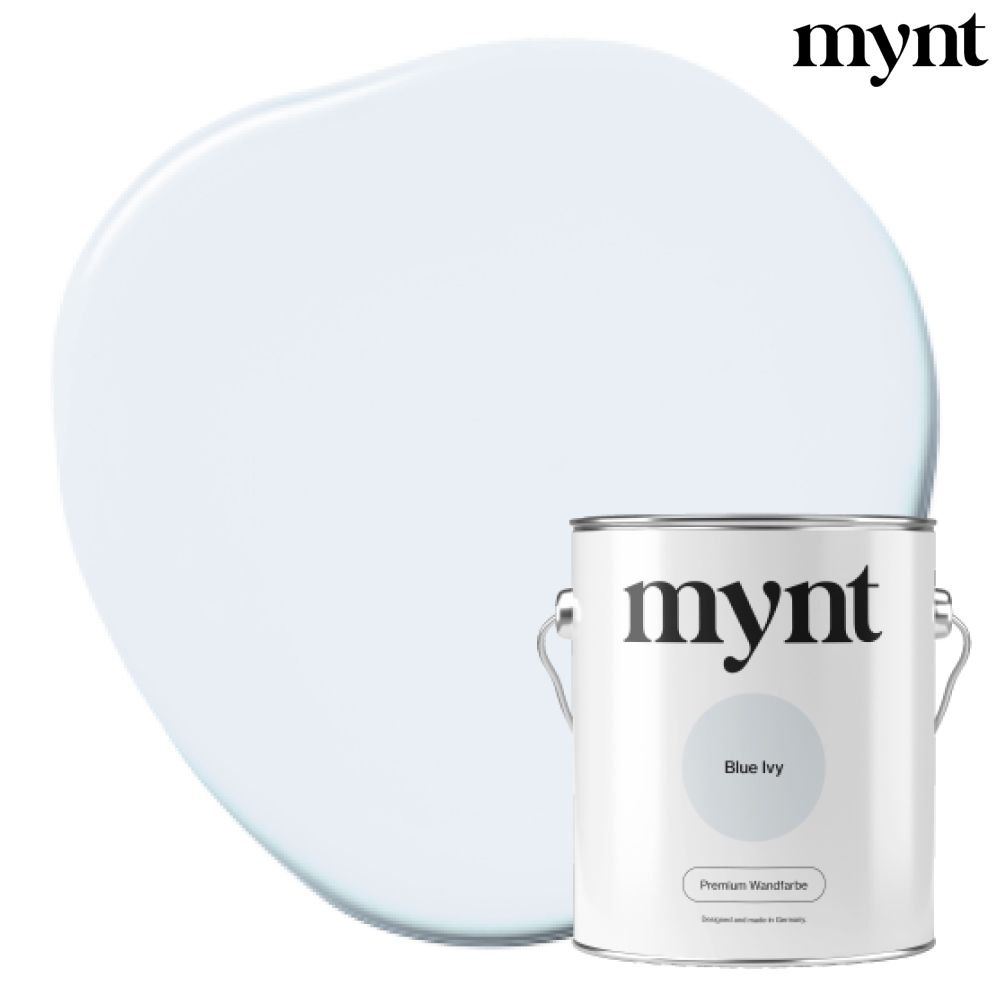 Farbtropfen - Wandfarbe Blue Ivy Farbklecks mit Eimer der Farbe Blue Ivy