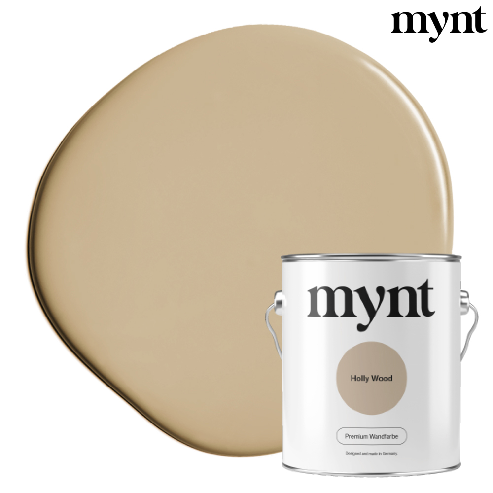 Farbtropfen - Wandfarbe Holly Wood Farbklecks mit Eimer der Farbe Holly Wood