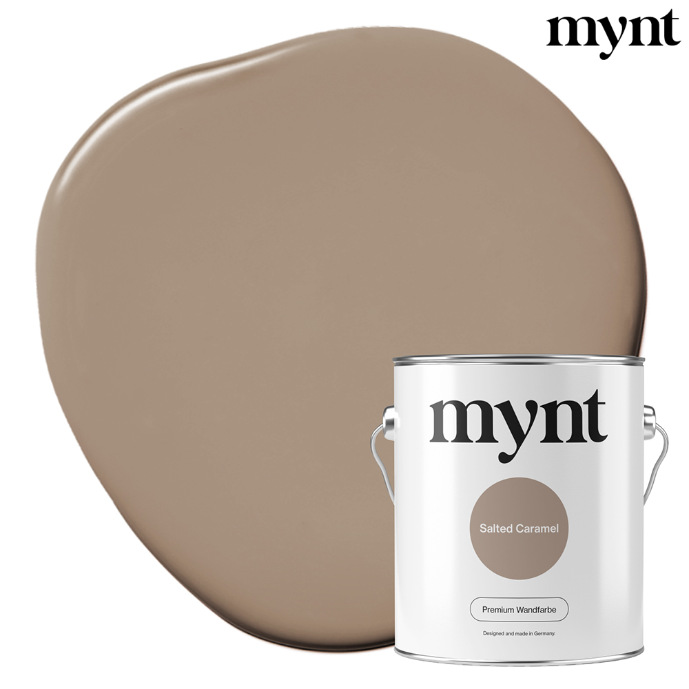 Farbtropfen - Wandfarbe Salted Caramel Farbklecks mit Eimer der Farbe Salted Caramel
