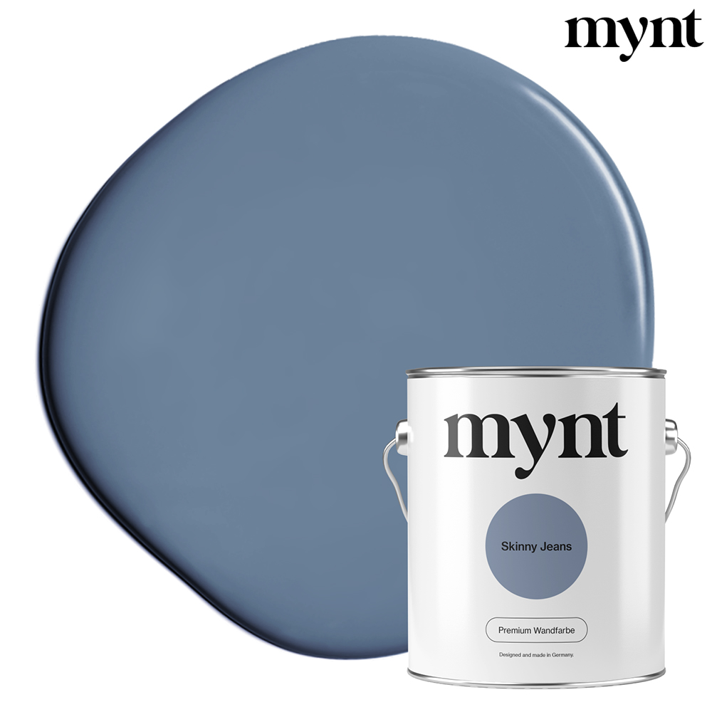 Farbtropfen - Wandfarbe Skinny Jeans Tropfen mit Dose: Farbklecks mit Eimer der Farbe Skinny Jeans