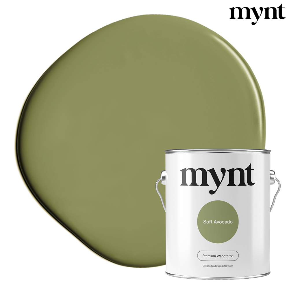 Farbtropfen - Wandfarbe Soft Avocado Farbklecks mit Eimer der Farbe Soft Avocado