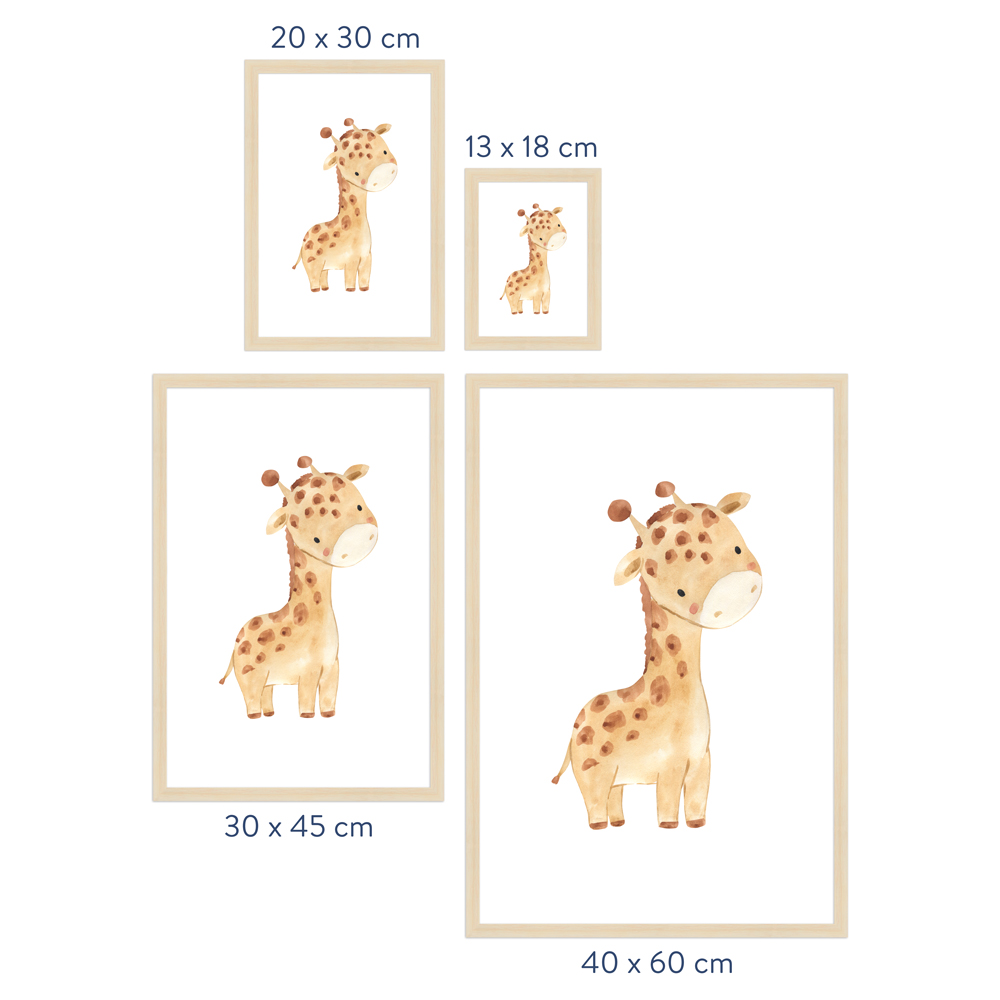 Größenübersicht Kinderzimmer Poster "Giraffe" Rahmen in Natur