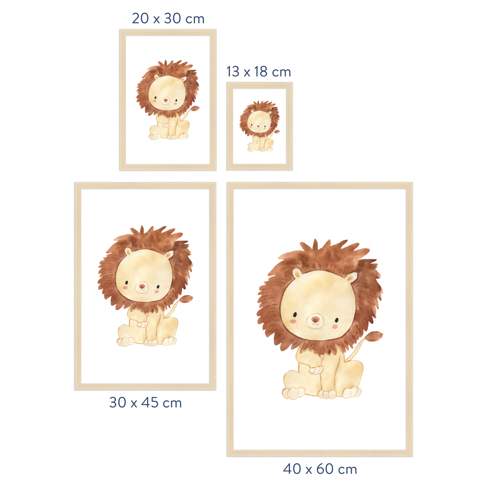 Löwe - Poster mit Holzrahmen, Größenübersicht Größenübersicht Kinderzimmer Poster "Löwe" Rahmen in Natur