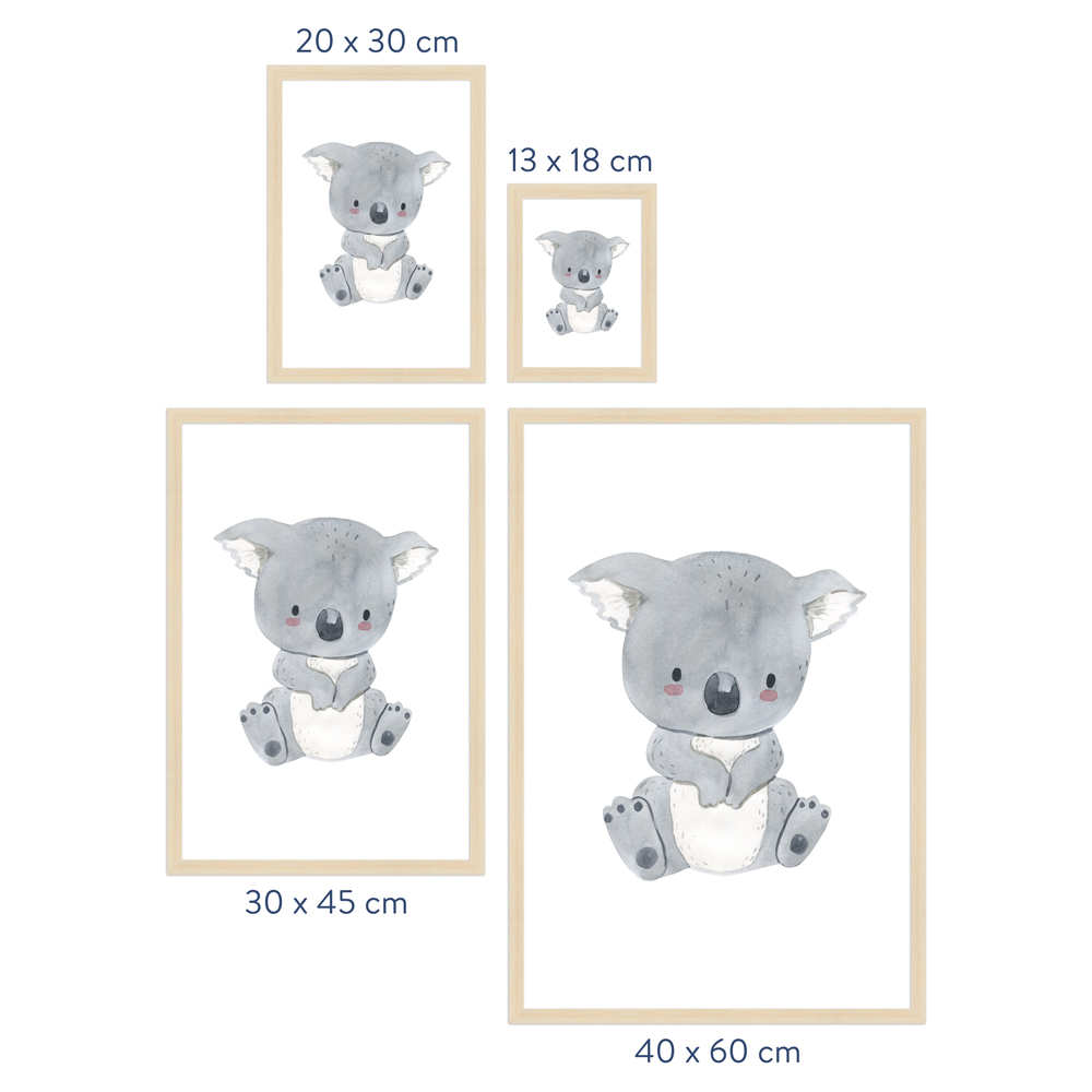 Größenübersicht Kinderzimmer Poster "Koala" Rahmen in Natur
