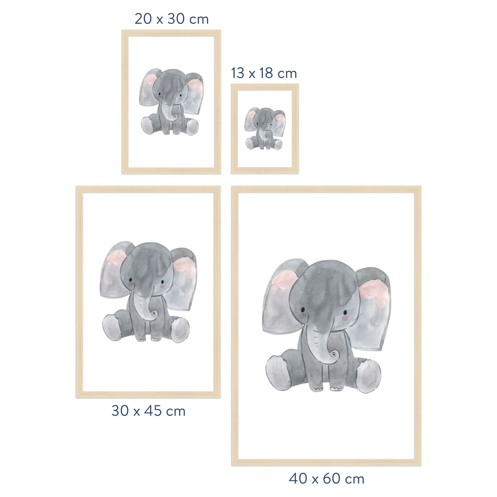 Größenübersicht Kinderzimmer Poster "Elefant" Rahmen in Natur