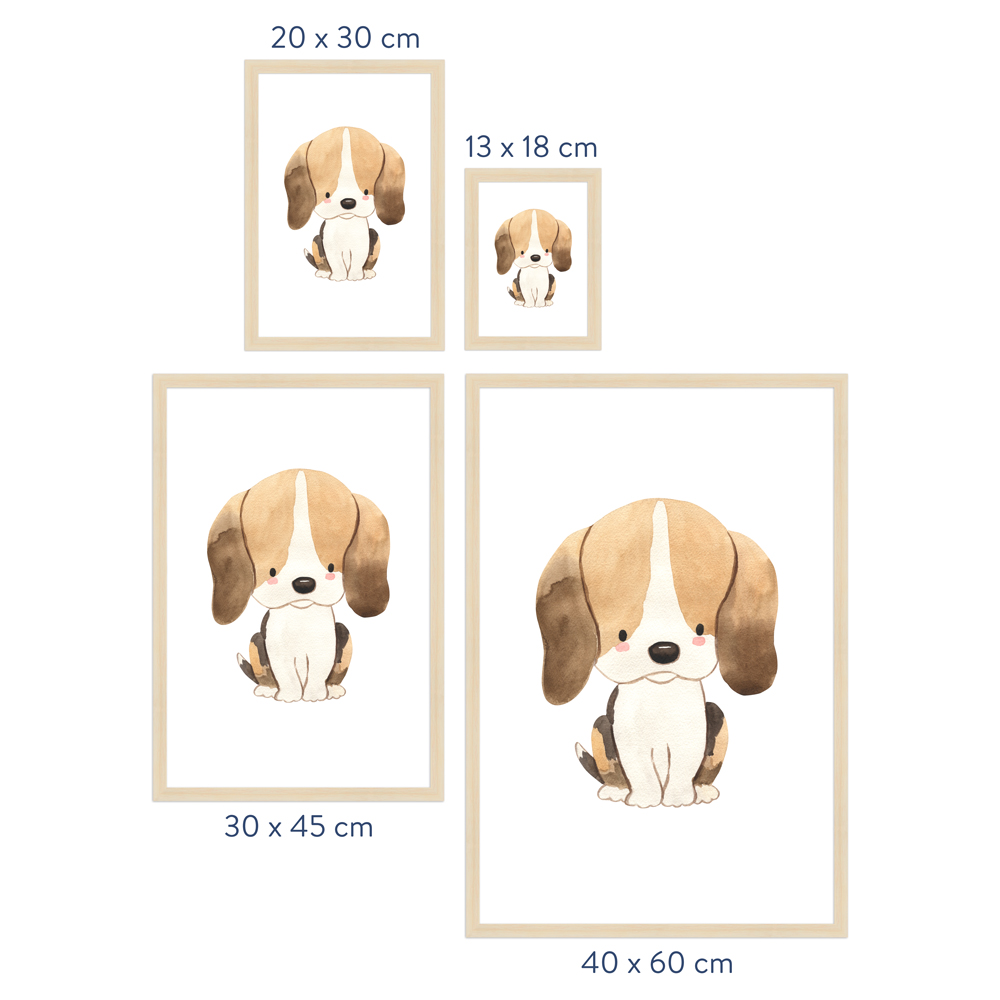 Größenübersicht Kinderzimmer Poster "Hund" Rahmen in Natur