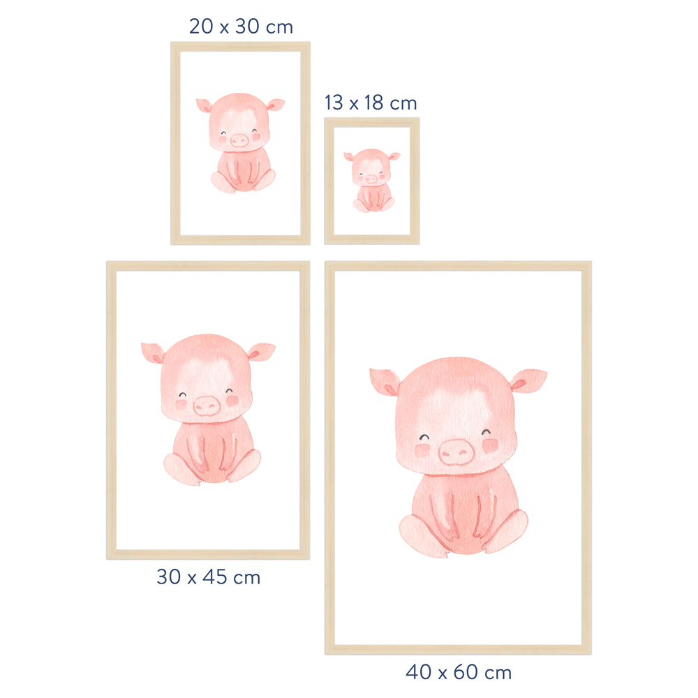 Größenübersicht Kinderzimmer Poster "Schwein" Rahmen in Natur