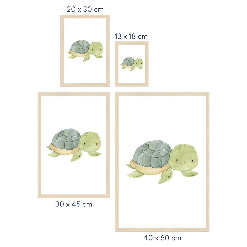 Größenübersicht Kinderzimmer Poster "Schldkröte" Rahmen in Natur