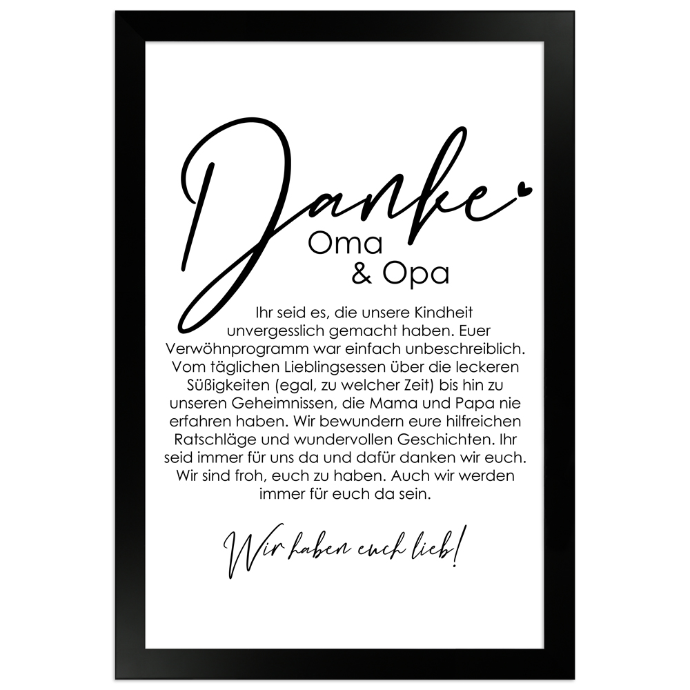 20x30 cm Danke Poster "Danke Oma und Opa - von uns" in schwarzem Rahmen
