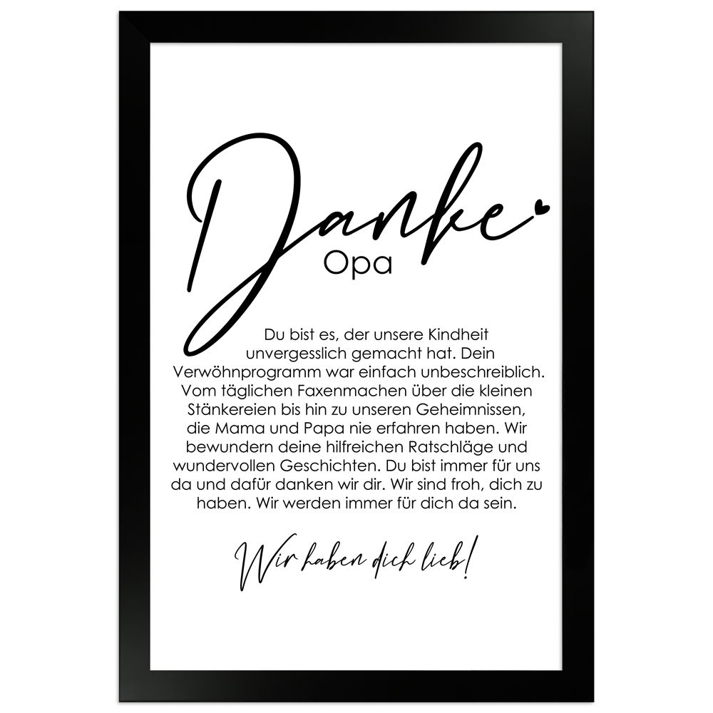20x30 cm Danke Poster "Danke Opa - von uns" in schwarzem Rahmen