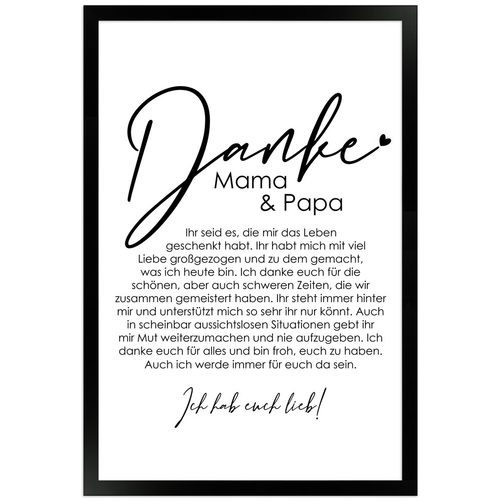30x45 cm Danke Poster "Danke Mama und Papa" in schwarzem Rahmen