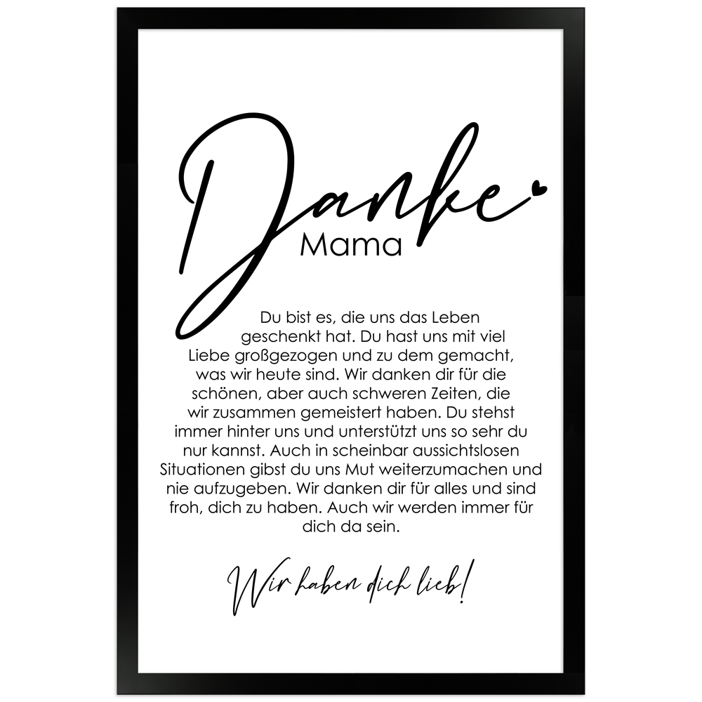 30x45 cm Danke Poster "Danke Mama - von uns" in schwarzem Rahmen
