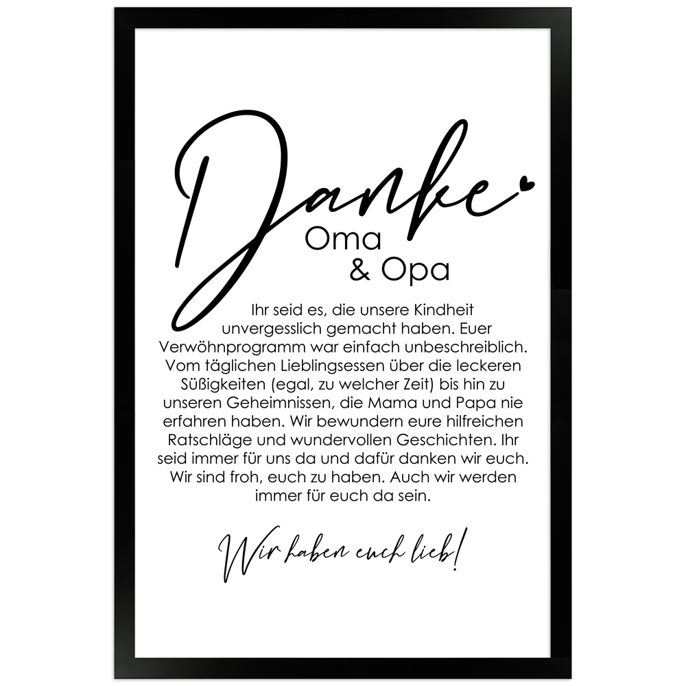 30x45 cm Danke Poster "Danke Oma und Opa - von uns" in schwarzem Rahmen