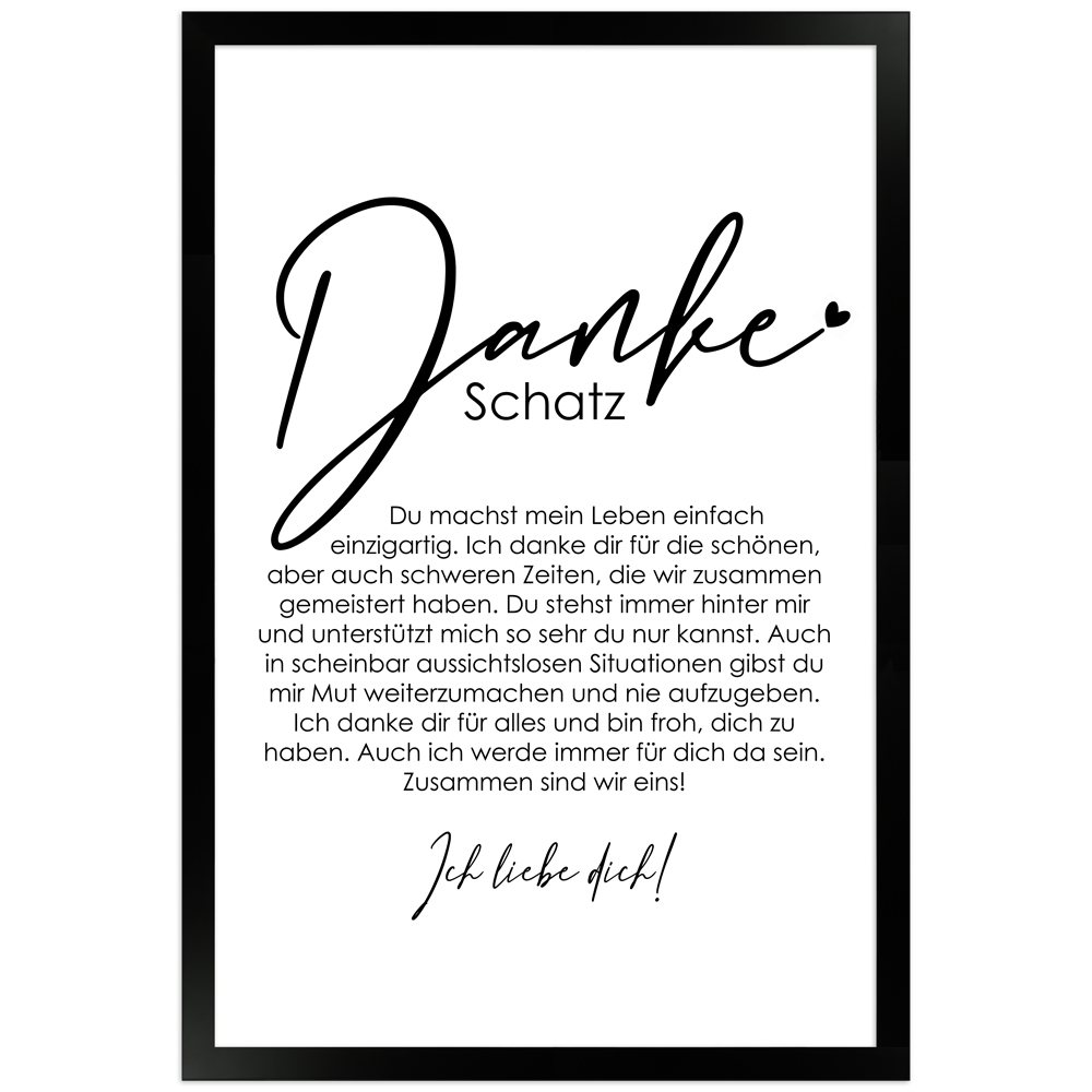 30x45 cm Danke Poster "Danke Schatz" in schwarzem Rahmen